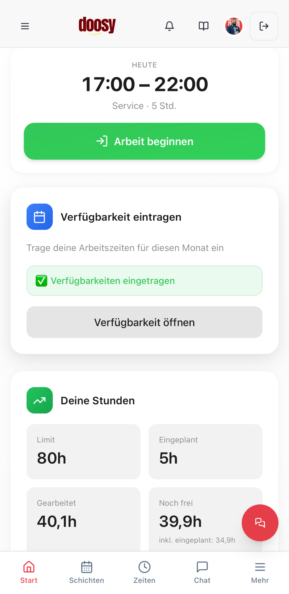Startseite der Doosy Mitarbeiter-App mit heutiger Schicht